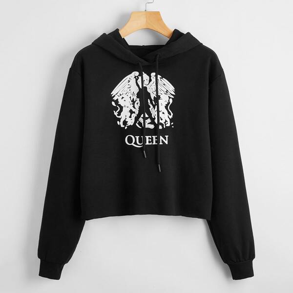 

Animal And Letter Graphic Drawstring Hoodie, Black