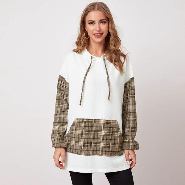 

Drop Shoulder Plaid Pouch Pocket and Sleeve Hoodie, White