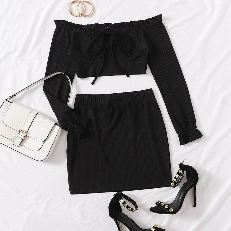 

Off Shoulder Tie Front Crop Top & Skirt Set, Black