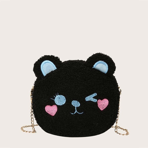 

Girls Cartoon Embroidered Fluffy Chain Bag, Black