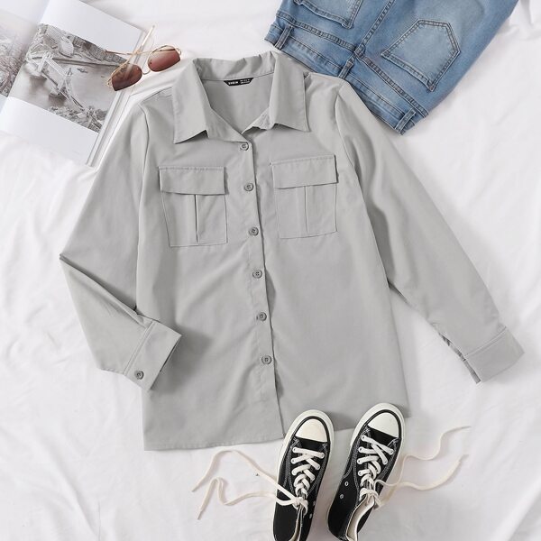 

Flap Pocket Button Front Solid Blouse, Grey