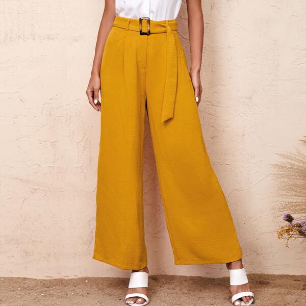 

Buckle Belted Wide Leg Pants, Yellow