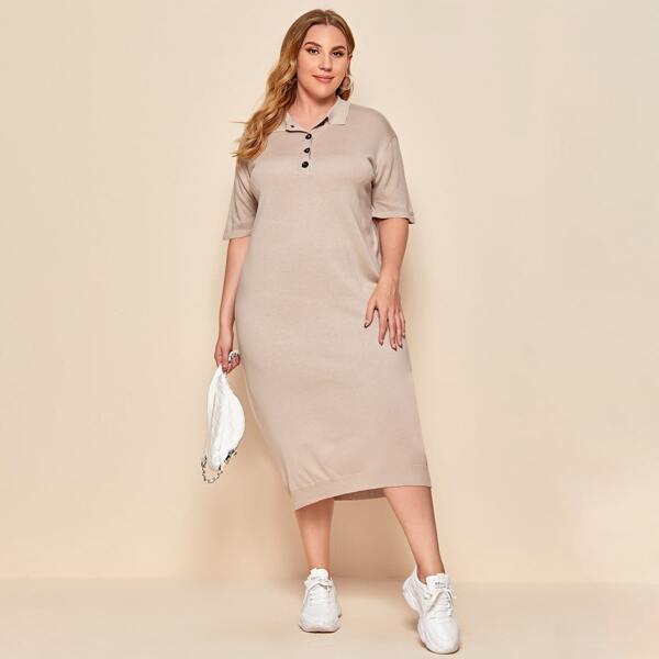 

Plus Button Half Placket Sweater Dress, Apricot
