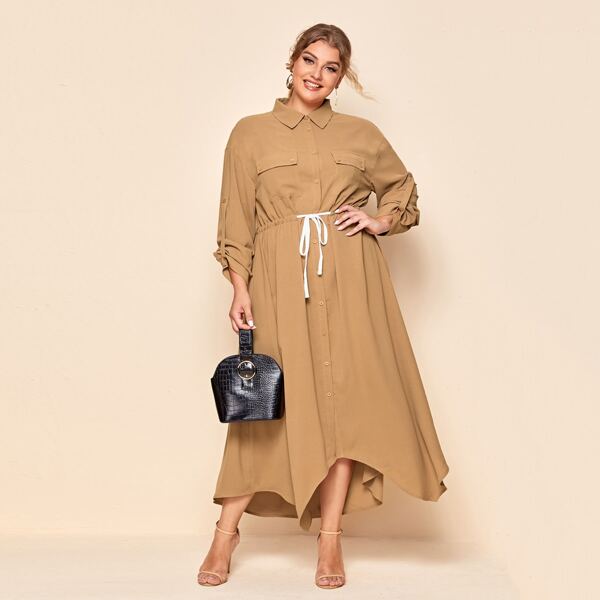 

Plus Roll Up Sleeve Pocket Front Drawstring Waist Asymmetrical Hem Dress, Camel