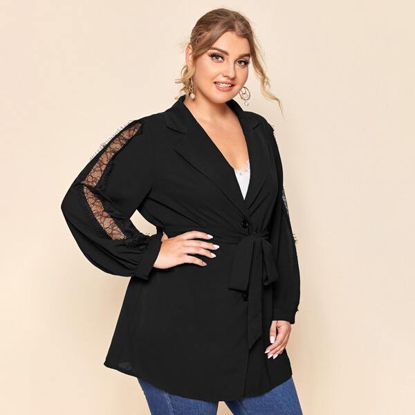 

Plus Lace Insert Belted Coat, Black
