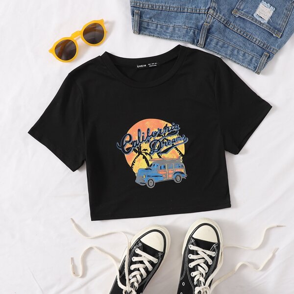 

Letter & Car Print Crop Tee, Black