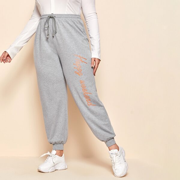 

Plus Slogan Graphic Drawstring Waist Sweatpants, Light grey