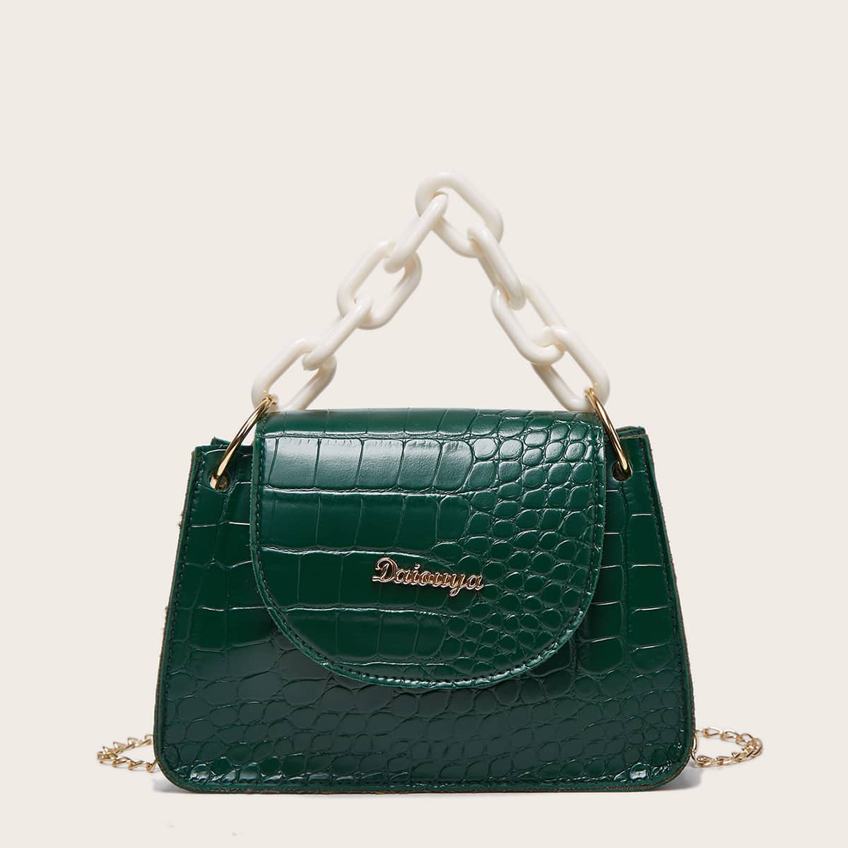 Crocodile Chain Satchel Bag, Army green