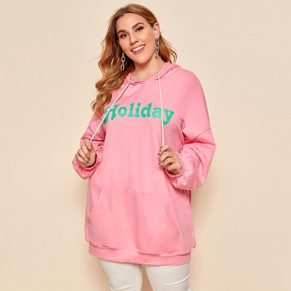 

Plus Letter Graphic Drop Shoulder Hoodie, Pink