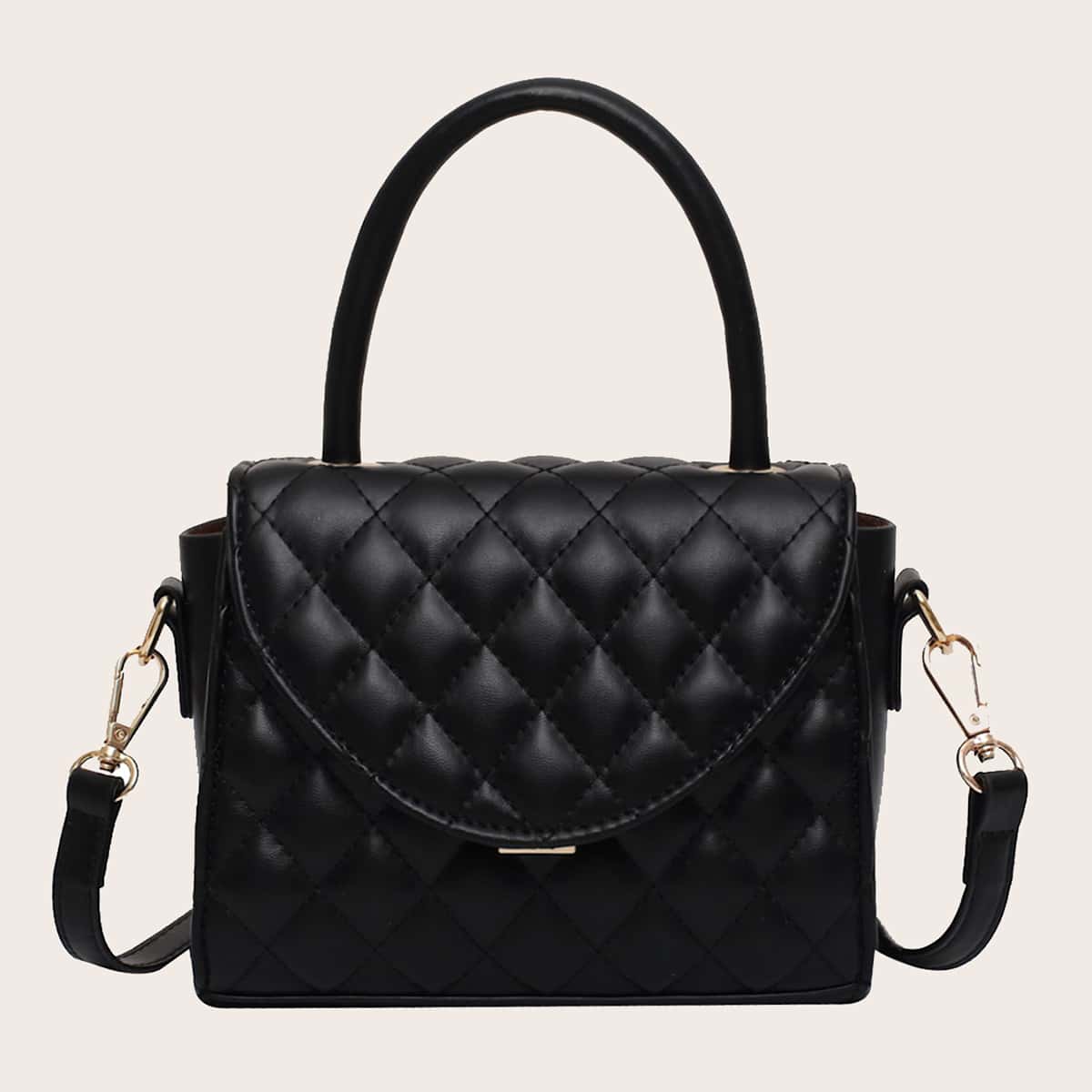 

Top Handle Quilted Satchel Bag, Black