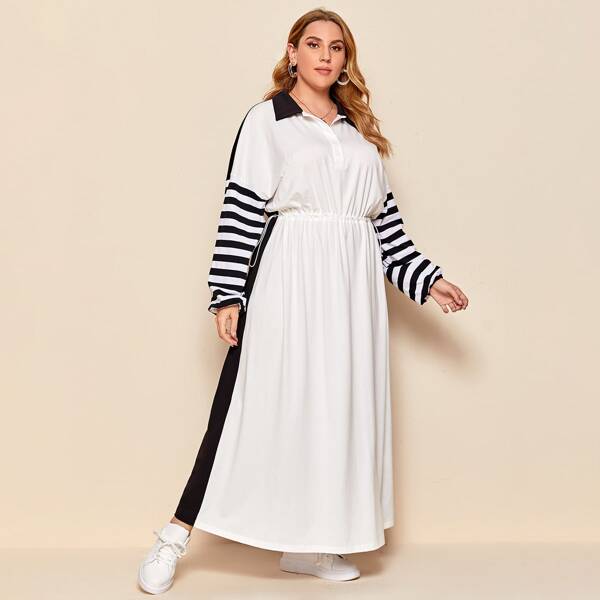 

Plus Drawstring Waist Button Half Placket Maxi Dress, Black and white