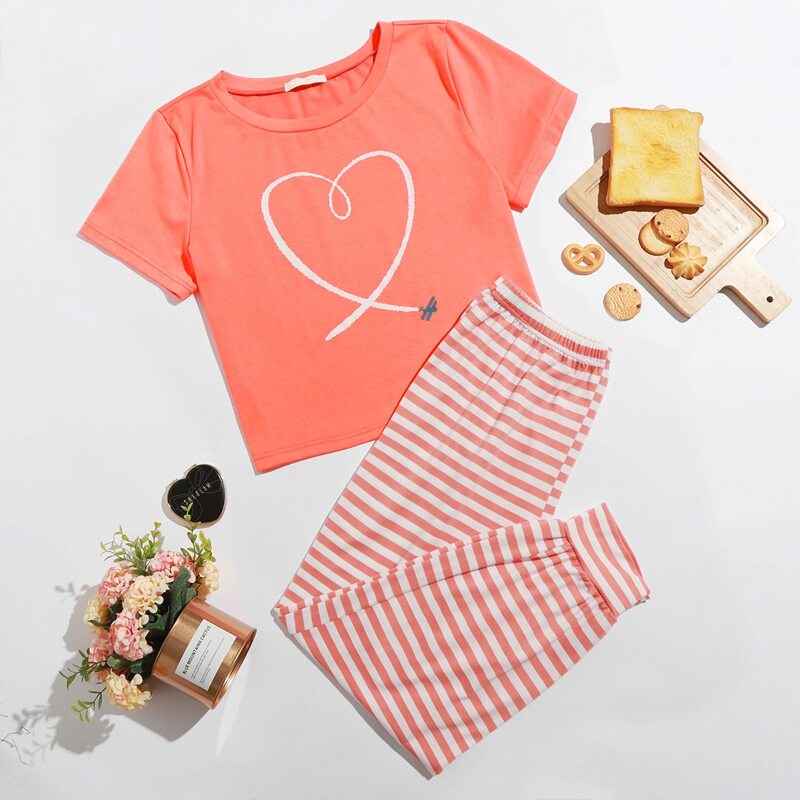 

Heart Print Tee & Stripe Pants PJ Set, Coral orange