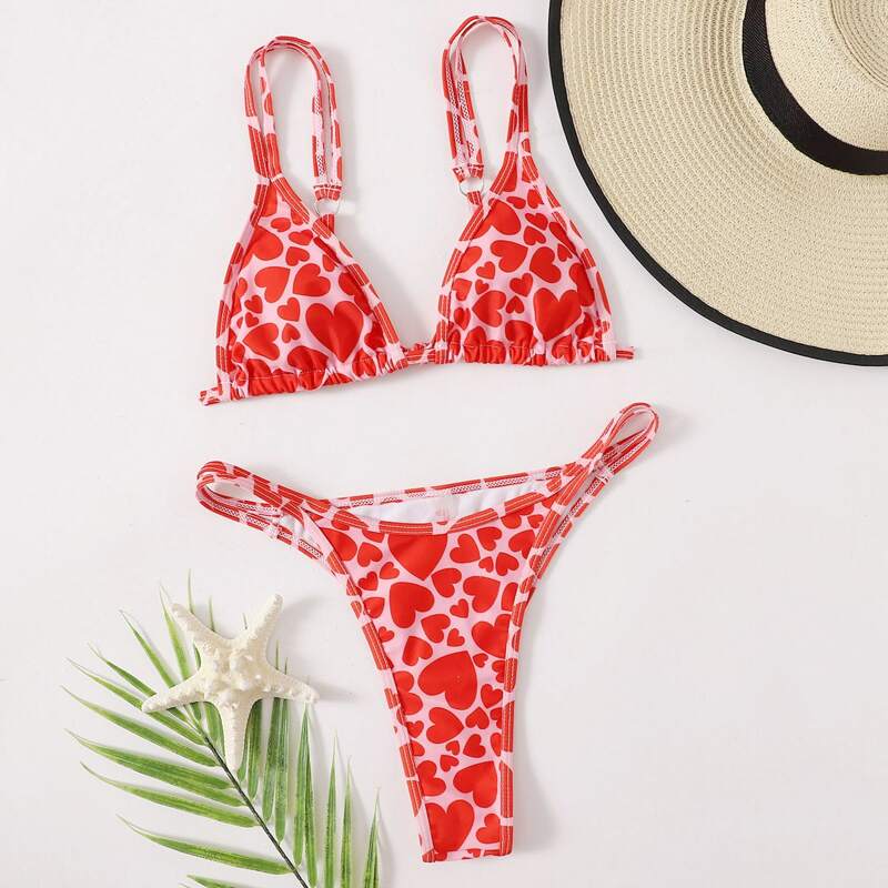 

Heart Print Triangle Thong Bikini Swimsuit, Red