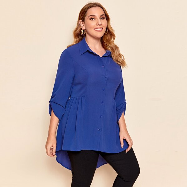 

Plus Roll Up Sleeve Dip Hem Blouse, Royal blue