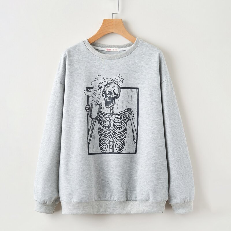 

Skeleton Print Drop Shoulder Pullover, Light grey