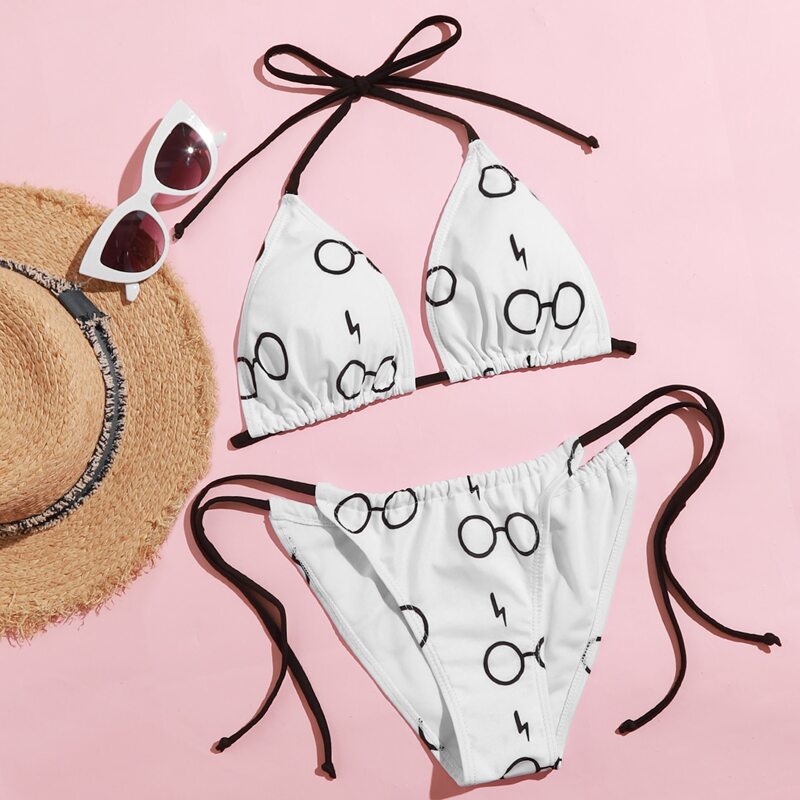 

Geometric Print Triangle Tie Side Bikini Swimsuit, White