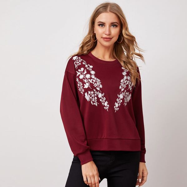 

Floral Embroidered Drop Shoulder Pullover, Maroon