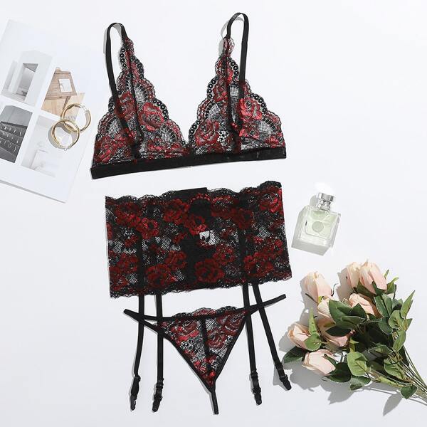 

Scallop Floral Lace Garter Lingerie Set, Black