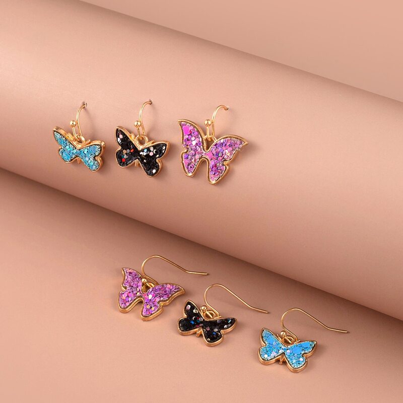 

3pairs Sequin Butterfly Drop Earrings, Multicolor