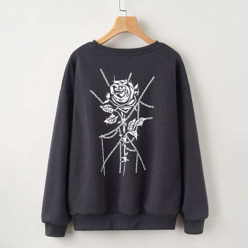 

Rose Print Drop Shoulder Pullover, Dark grey