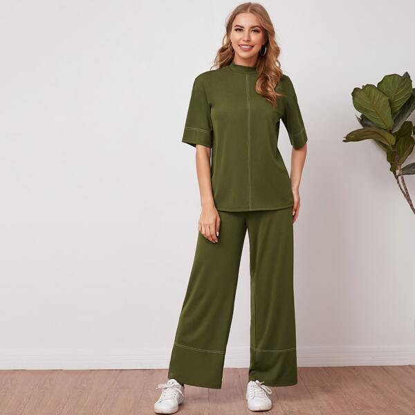 

Mock Neck Contrast Stitch Top & Wide Leg Pants Set, Army green