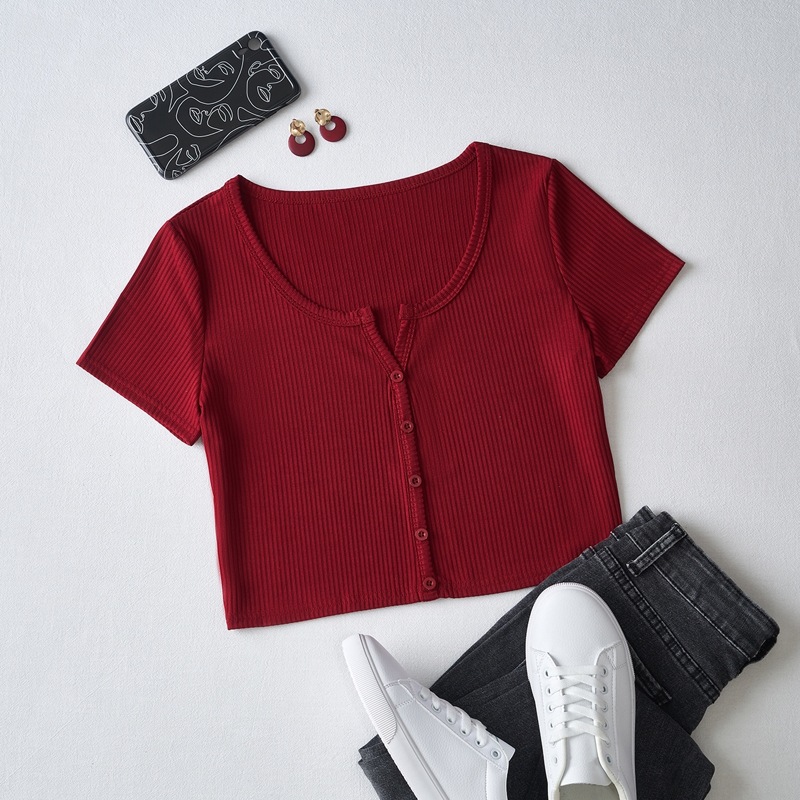 

Button Front Rib-knit Crop Tee, Burgundy