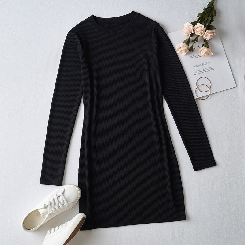 

Ribbed Long Sleeve Bodycon Dress, Black