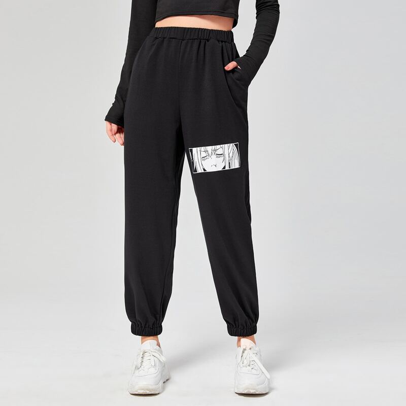 

Comic Pattern Elastic Waist Sweatpants, Black