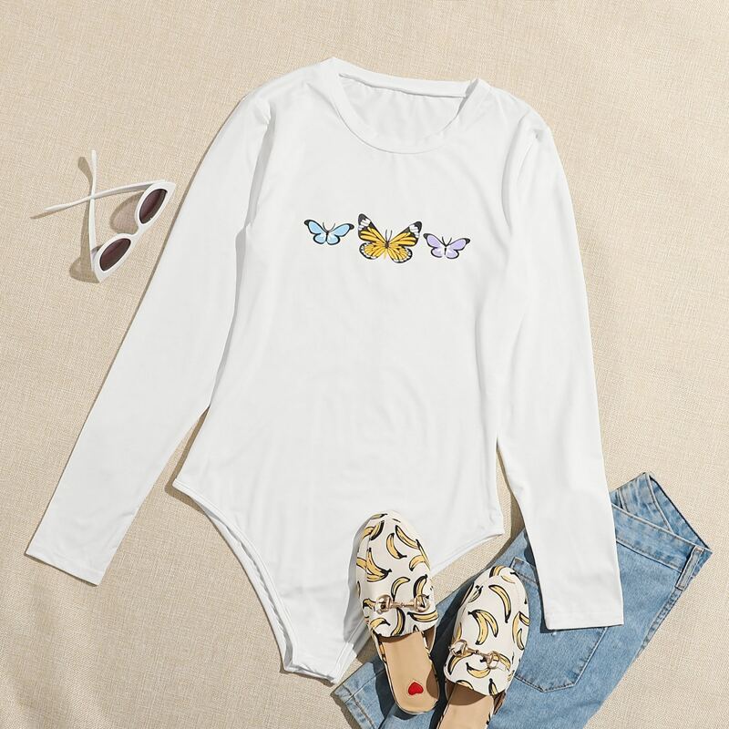 

Butterfly Print Long Sleeve Tee Bodysuit, White