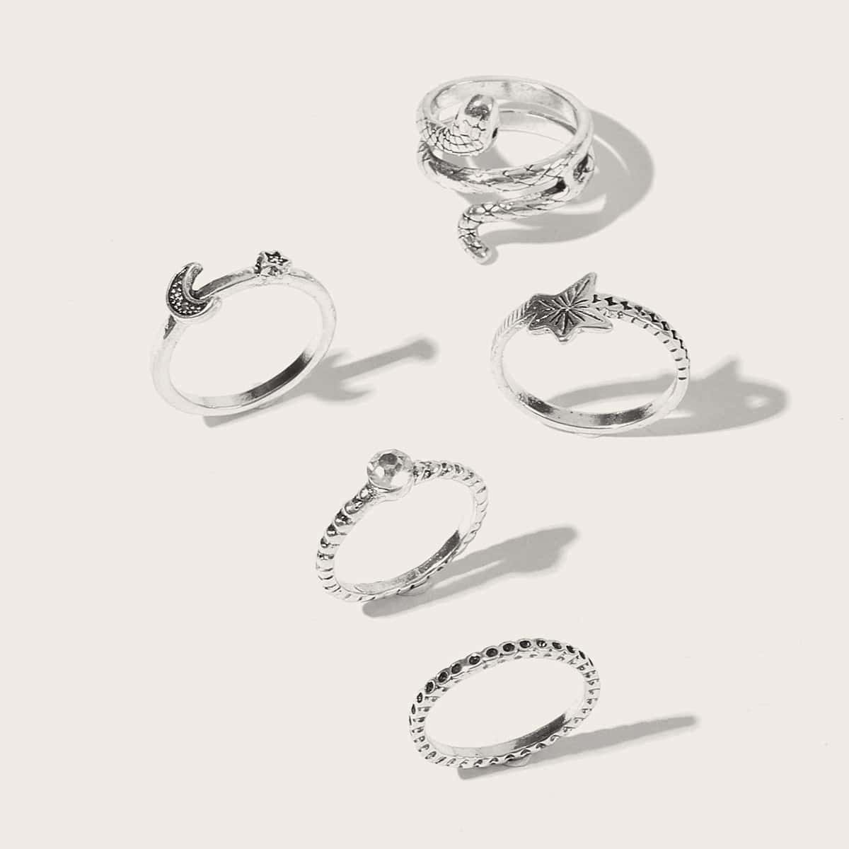 

5pcs Rhinestone Snake Ring, Silver
