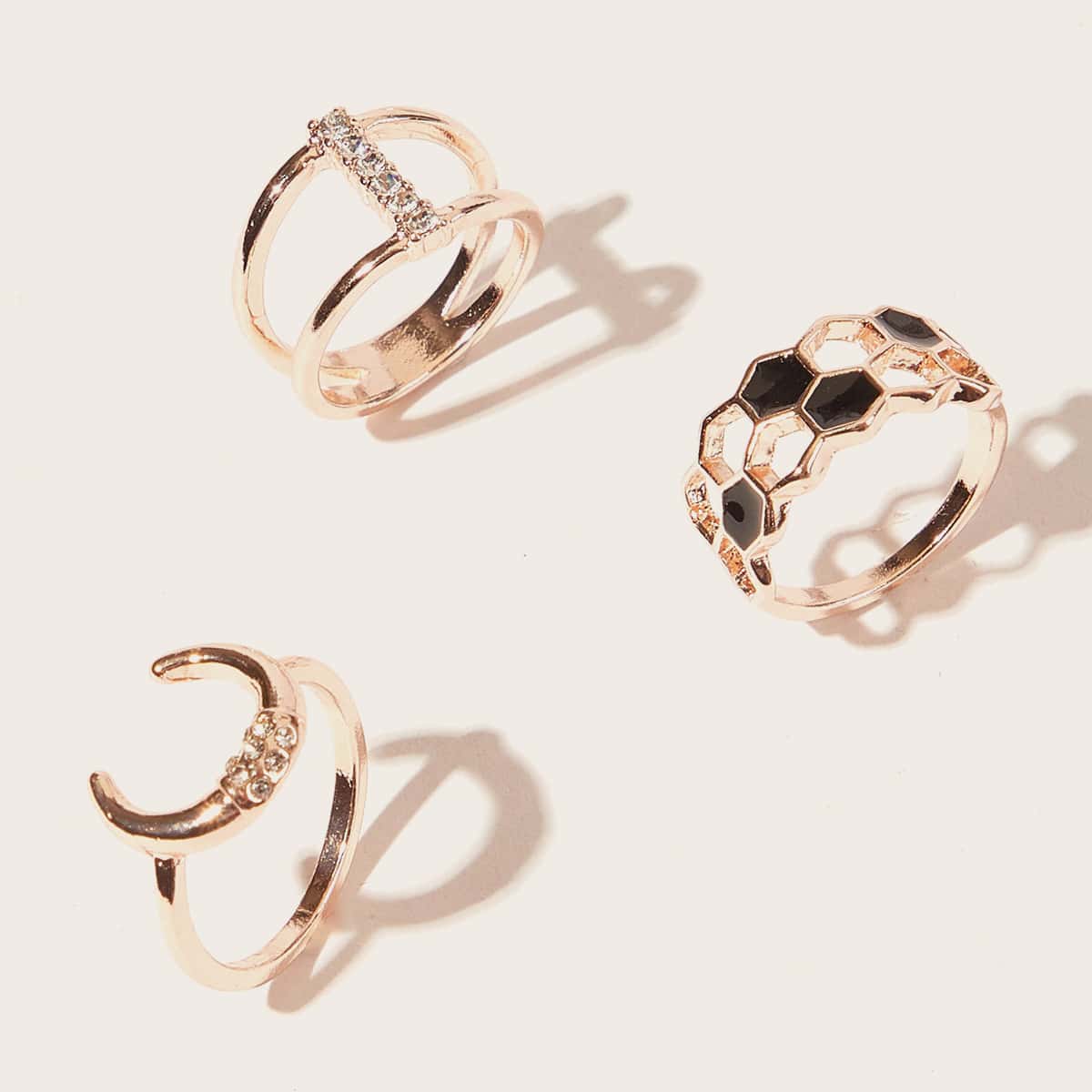 

3pcs Rhinestone Geo Ring, Gold