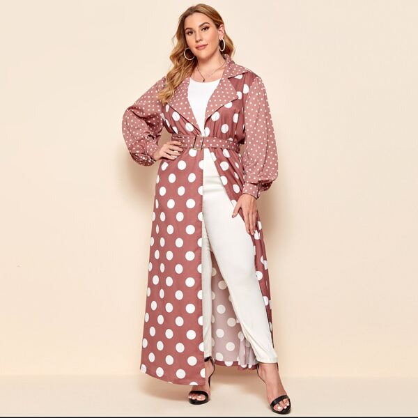 

Plus Polka Dot Lantern Sleeve Belted Coat, Dusty pink