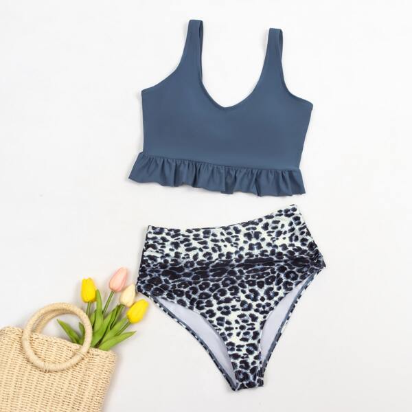 

Leopard Ruffle Hem Bikini Swimsuit, Multicolor