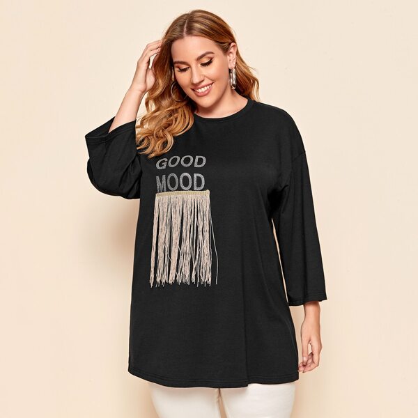 

Plus Drop Shoulder Rhinestone Letter Graphic Fringe Front Top, Black