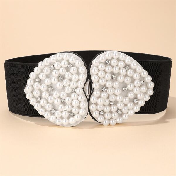 

Faux Pearl Decor Buckle Belt, Black