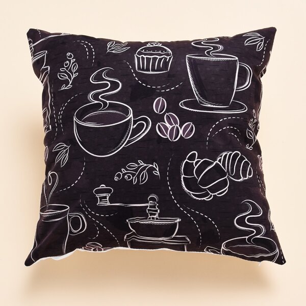 

Coffee Cup Print Cushion Cover Without Filler, Black