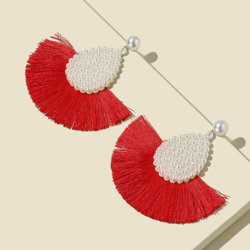 

Faux Pearl Decor Tassel Drop Earrings, Red