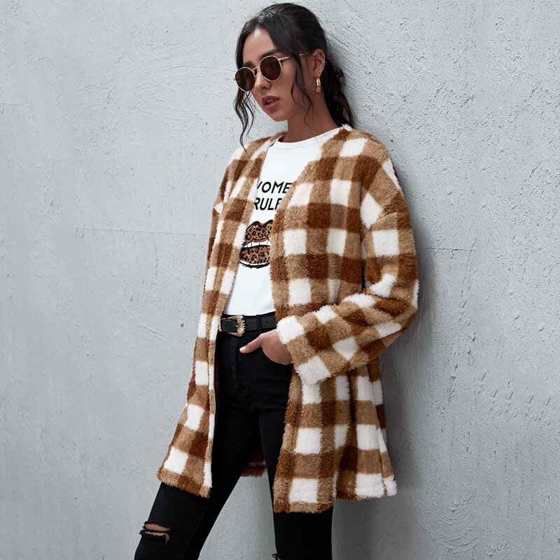 

Drop Shoulder Gingham Teddy Coat, Multicolor