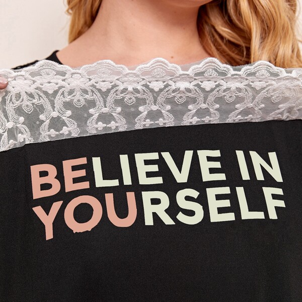 

Plus Slogan Graphic Contrast Lace Tee, Black