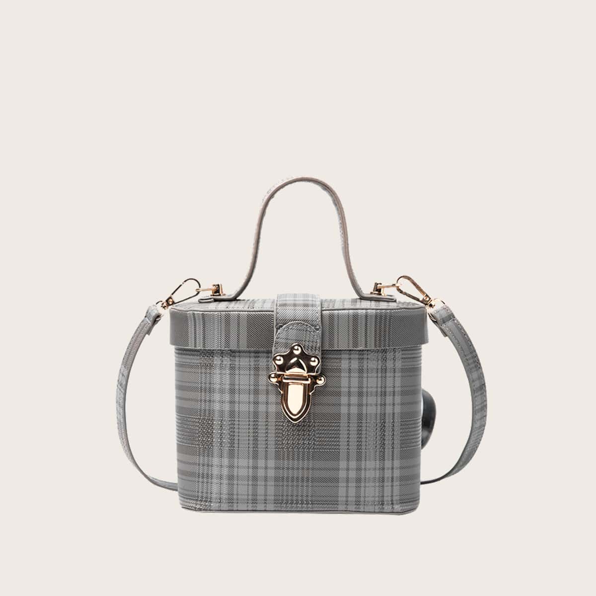 

Plaid Buckle Satchel Bag, Grey