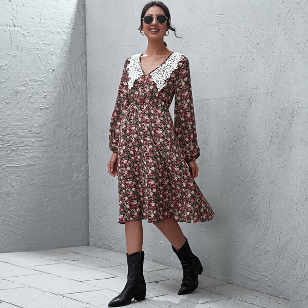 

Guipure Lace Panel Allover Floral Print A-line Dress, Multicolor