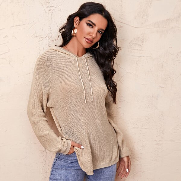 

Drop Shoulder Split Side Drawstring Hooded Sweater, Apricot