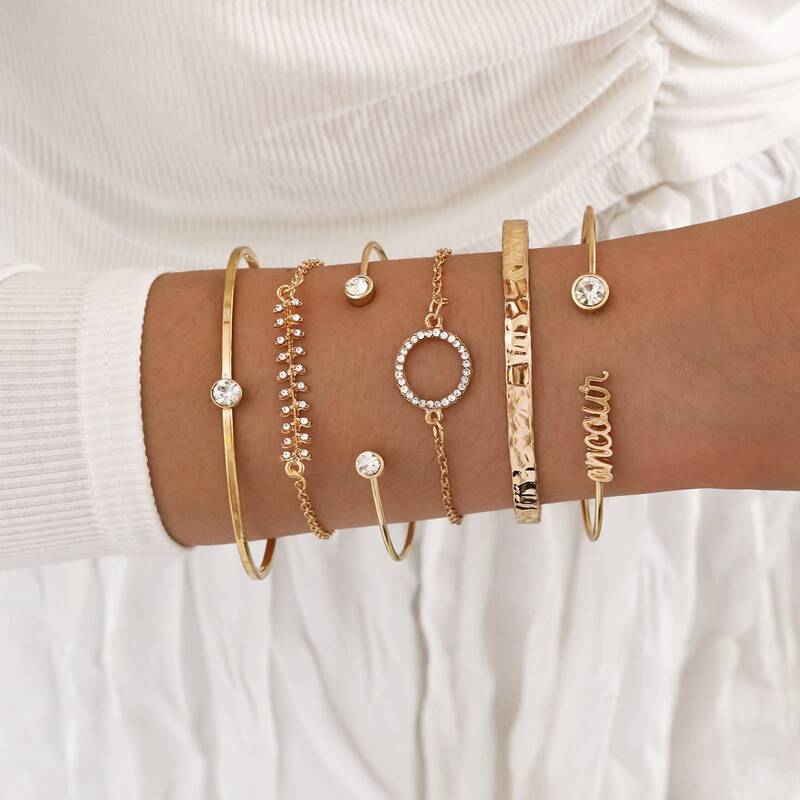 

6pcs Rhinestone Decor Bracelet, Gold