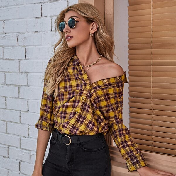 

Single Breasted Pocket Front Tartan Blouse, Multicolor