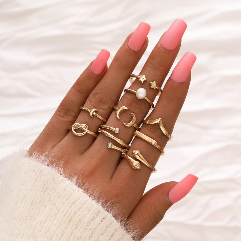 

9pcs Faux Pearl Decor Ring, Gold