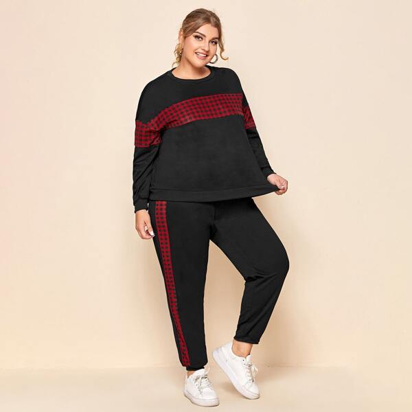 

Plus Drop Shoulder Gingham Panel Pullover & Sweatpants Set, Black
