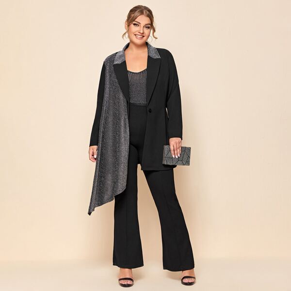 

Plus Contrast Glitter Asymmetrical Hem Blazer, Black