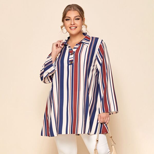 

Plus Striped Half Placket Blouse, Multicolor