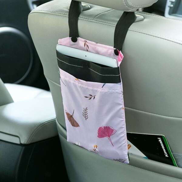 

1pc Leaf Print Car Seat Hanging Storage Bag, Pink