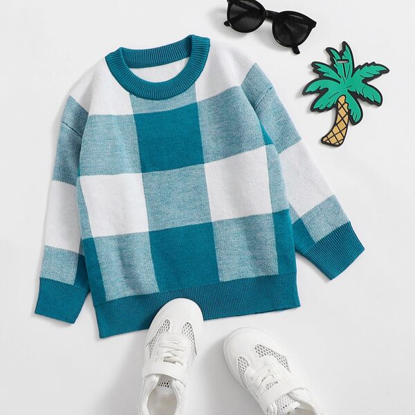 

Toddler Girls Gingham Crew Neck Sweater, Blue and white
